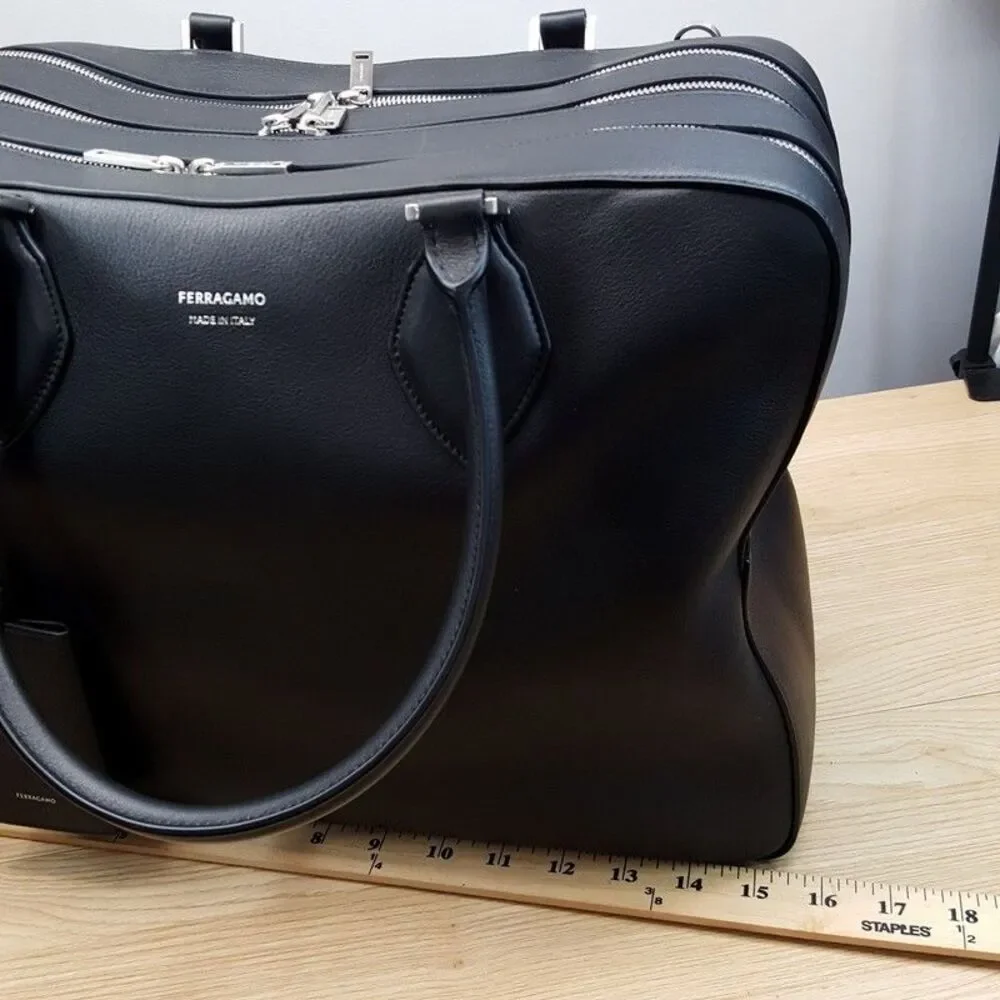 SALVATORE FERRAGAMO Mens Star Black Leather Triple Zip Tote Briefcase $3300